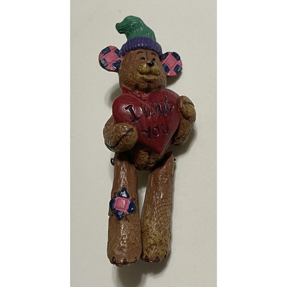 Vintage Resin Brooch Pin Teddy Bear  I Love You - Moving Arms & Legs 3”